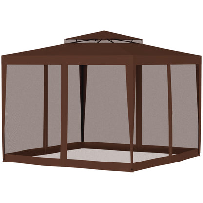 Garden Gazebo 3x3m Removable Outdoor Gazebo with 4 Side Mosquito Nets Double Roof and Anti-UV Waterproof Metal Frame Pavilion for Terrace Patio Brown