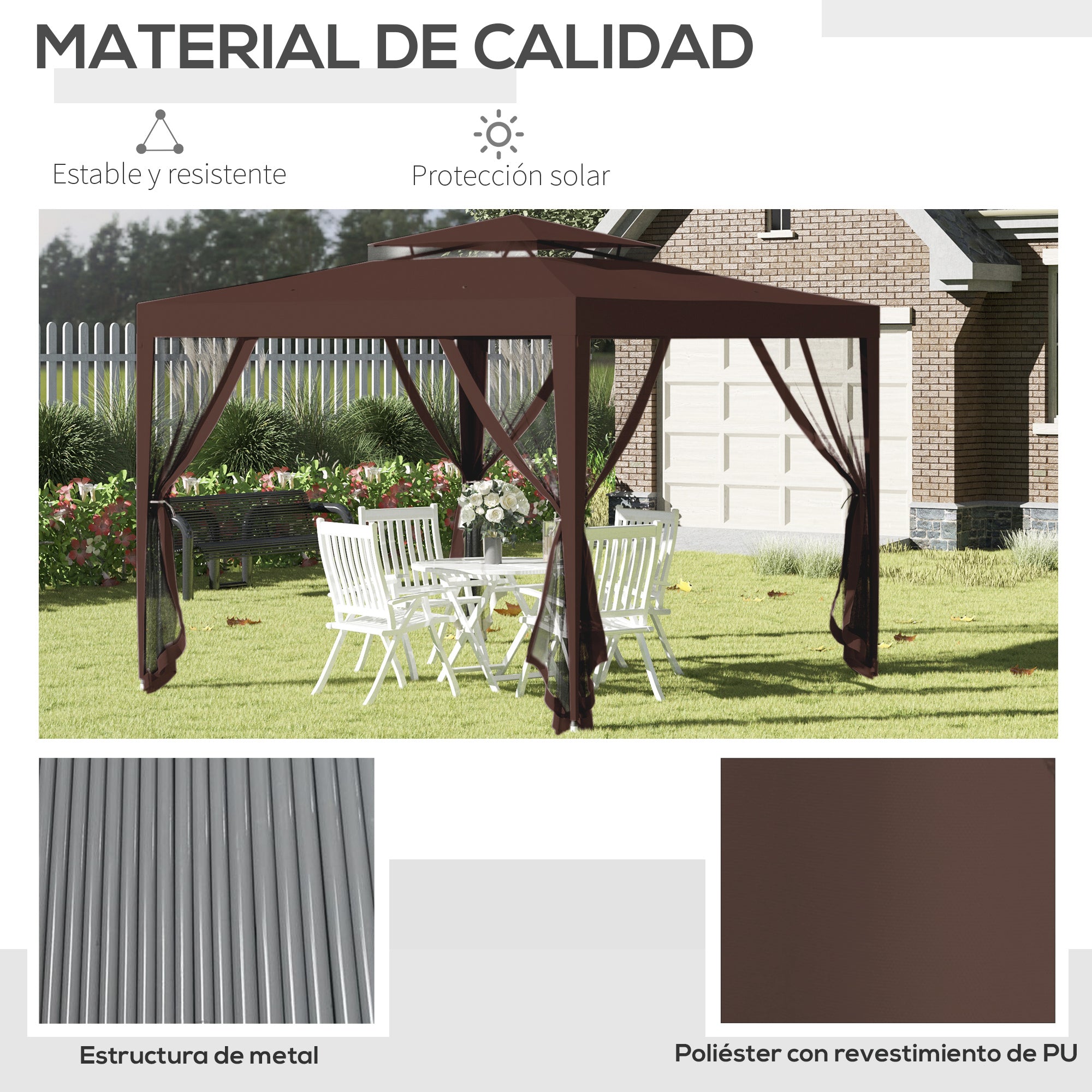 Garden Gazebo 3x3m Removable Outdoor Gazebo with 4 Side Mosquito Nets Double Roof and Anti-UV Waterproof Metal Frame Pavilion for Terrace Patio Brown