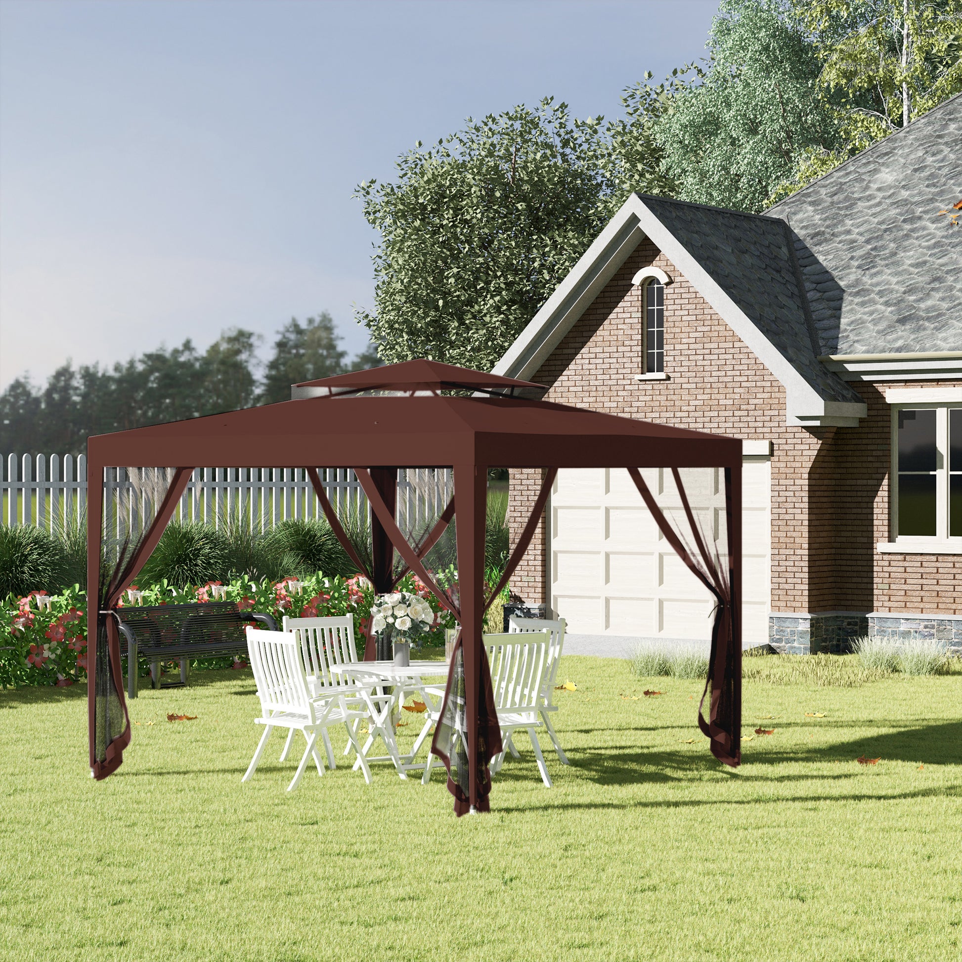 Garden Gazebo 3x3m Removable Outdoor Gazebo with 4 Side Mosquito Nets Double Roof and Anti-UV Waterproof Metal Frame Pavilion for Terrace Patio Brown