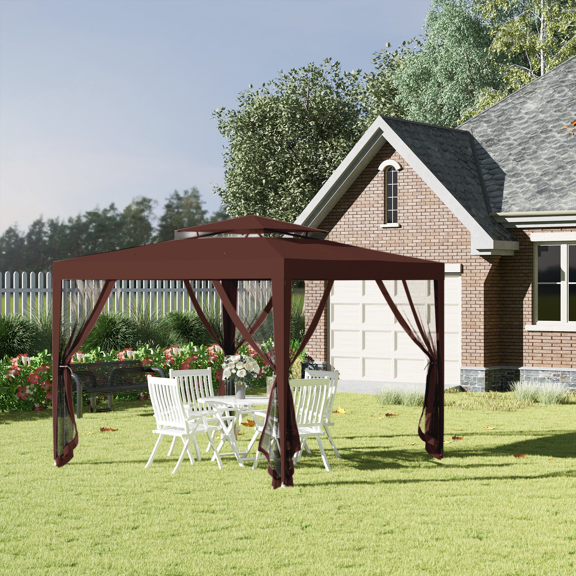 Garden Gazebo 3x3m Removable Outdoor Gazebo with 4 Side Mosquito Nets Double Roof and Anti-UV Waterproof Metal Frame Pavilion for Terrace Patio Brown
