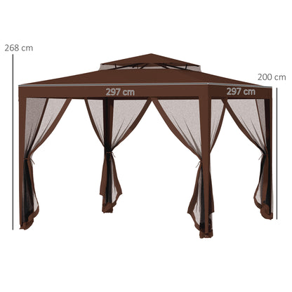 Garden Gazebo 3x3m Removable Outdoor Gazebo with 4 Side Mosquito Nets Double Roof and Anti-UV Waterproof Metal Frame Pavilion for Terrace Patio Brown