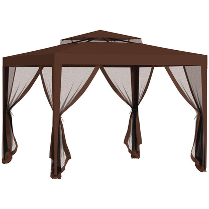 Garden Gazebo 3x3m Removable Outdoor Gazebo with 4 Side Mosquito Nets Double Roof and Anti-UV Waterproof Metal Frame Pavilion for Terrace Patio Brown