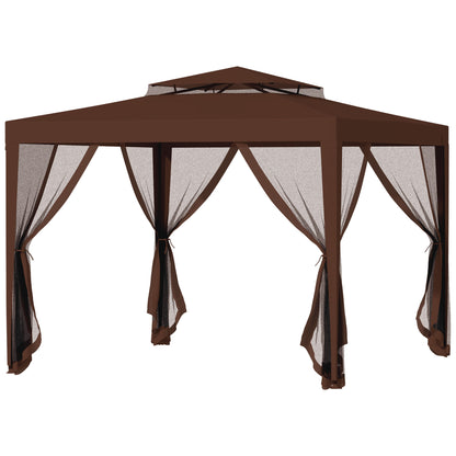 Garden Gazebo 3x3m Removable Outdoor Gazebo with 4 Side Mosquito Nets Double Roof and Anti-UV Waterproof Metal Frame Pavilion for Terrace Patio Brown