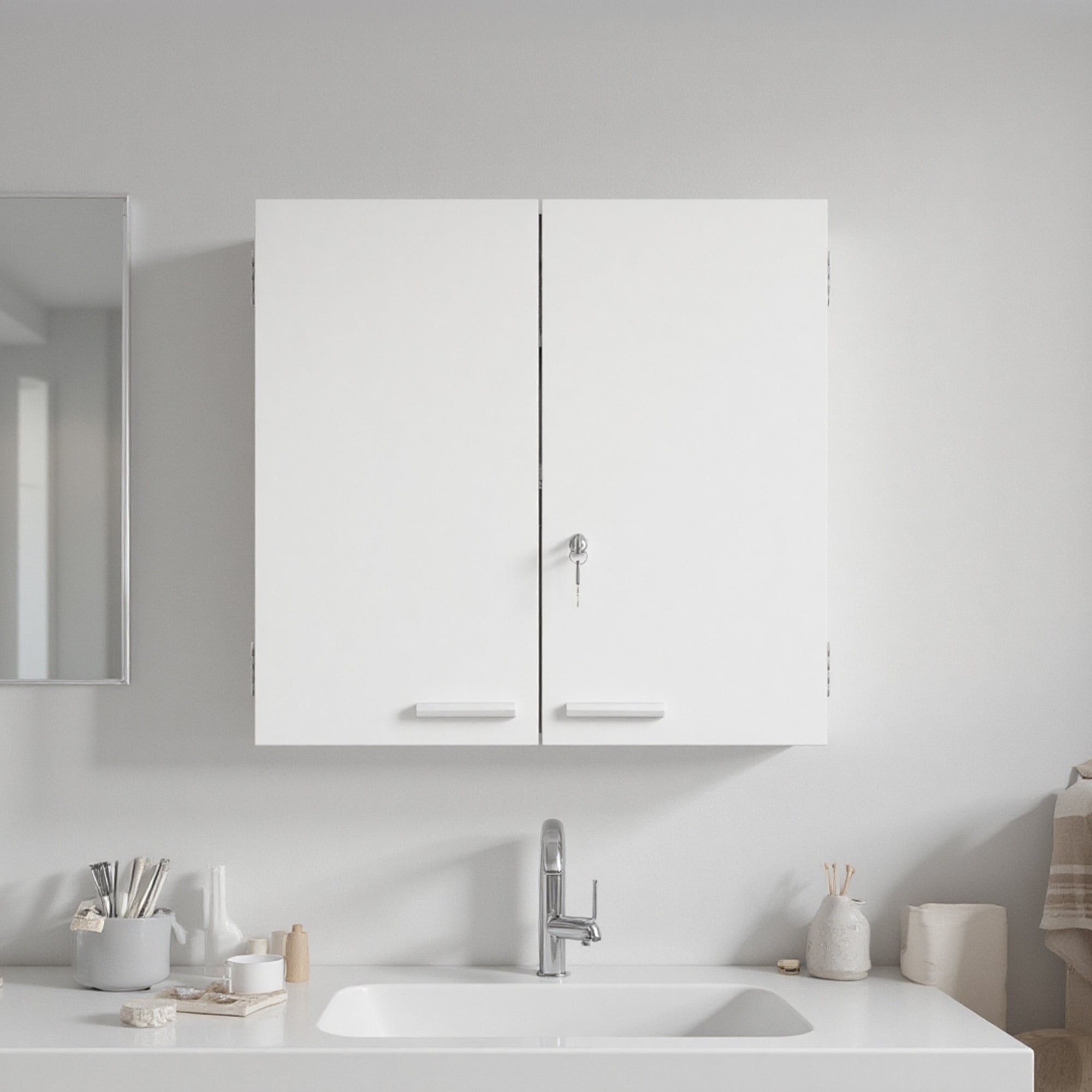 Lockable Medicine Cabinet, 2 Doors, 11 Compartments, 2 Keys, Wall-Mounted Cabinet for Kitchen, Hallway, Living Room, 20.9 x 7.9 x 20.9 in (53 x 20 x 53 cm), White