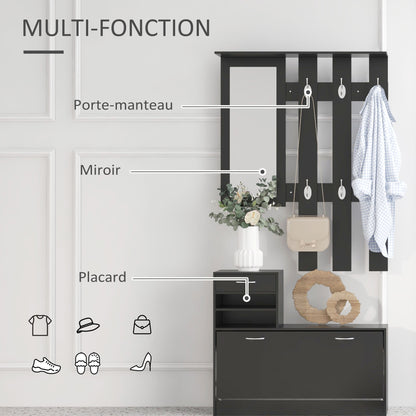 3-in-1 Entryway Furniture Set with Coat Rack Panel, Mirror, and Shoe Bench - 6 Hooks and Adjustable Shelf, Black