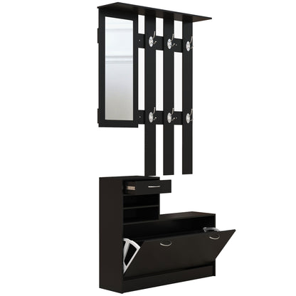 3-in-1 Entryway Furniture Set with Coat Rack Panel, Mirror, and Shoe Bench - 6 Hooks and Adjustable Shelf, Black