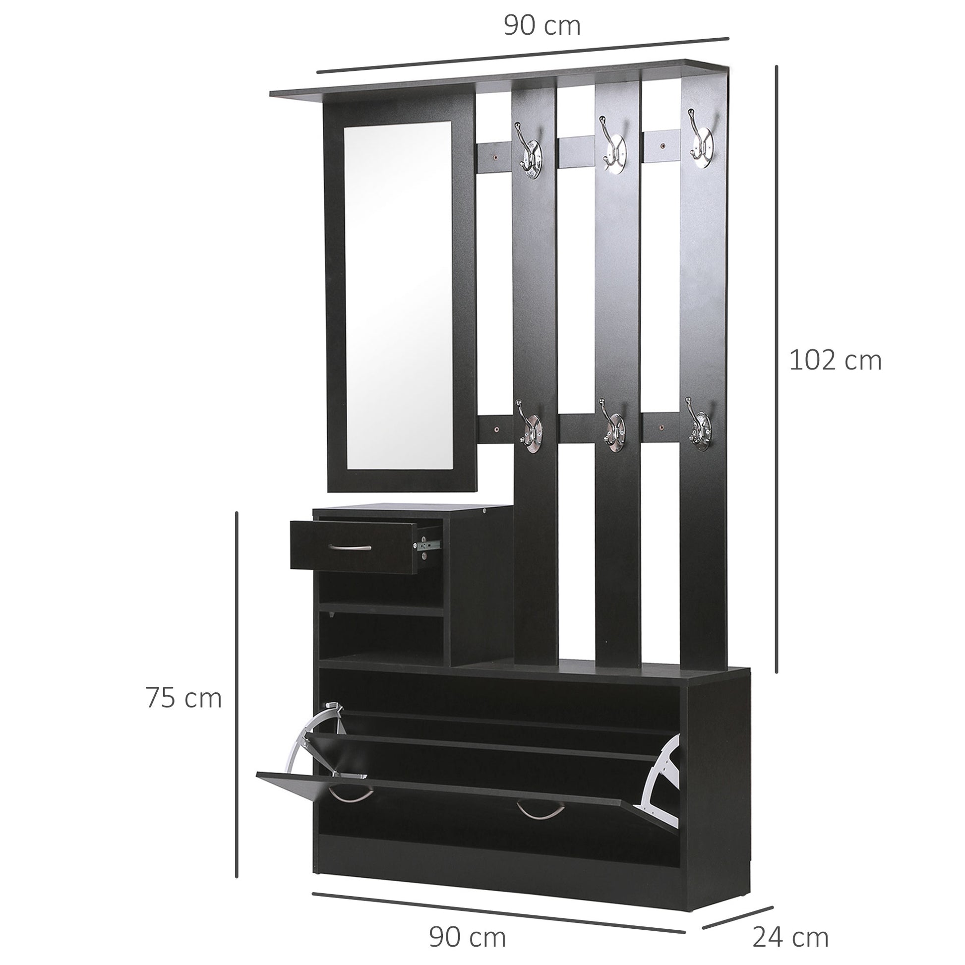 3-in-1 Entryway Furniture Set with Coat Rack Panel, Mirror, and Shoe Bench - 6 Hooks and Adjustable Shelf, Black