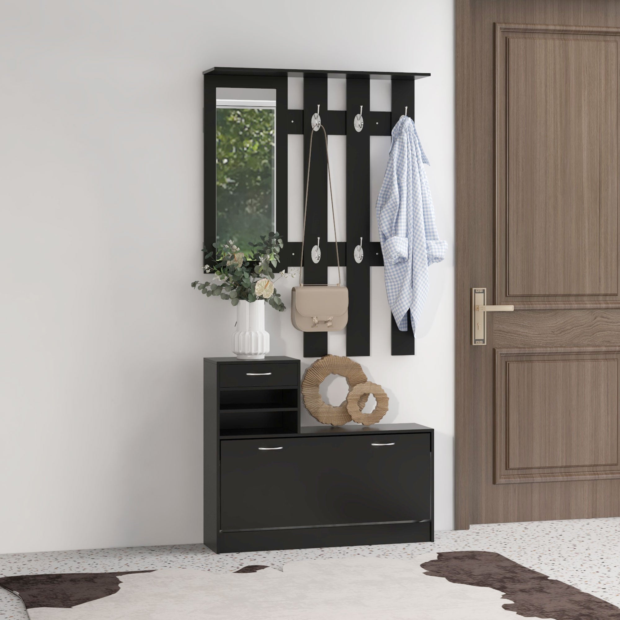 3-in-1 Entryway Furniture Set with Coat Rack Panel, Mirror, and Shoe Bench - 6 Hooks and Adjustable Shelf, Black