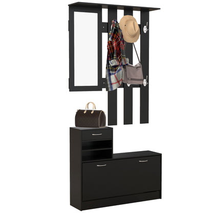 3-in-1 Entryway Furniture Set with Coat Rack Panel, Mirror, and Shoe Bench - 6 Hooks and Adjustable Shelf, Black