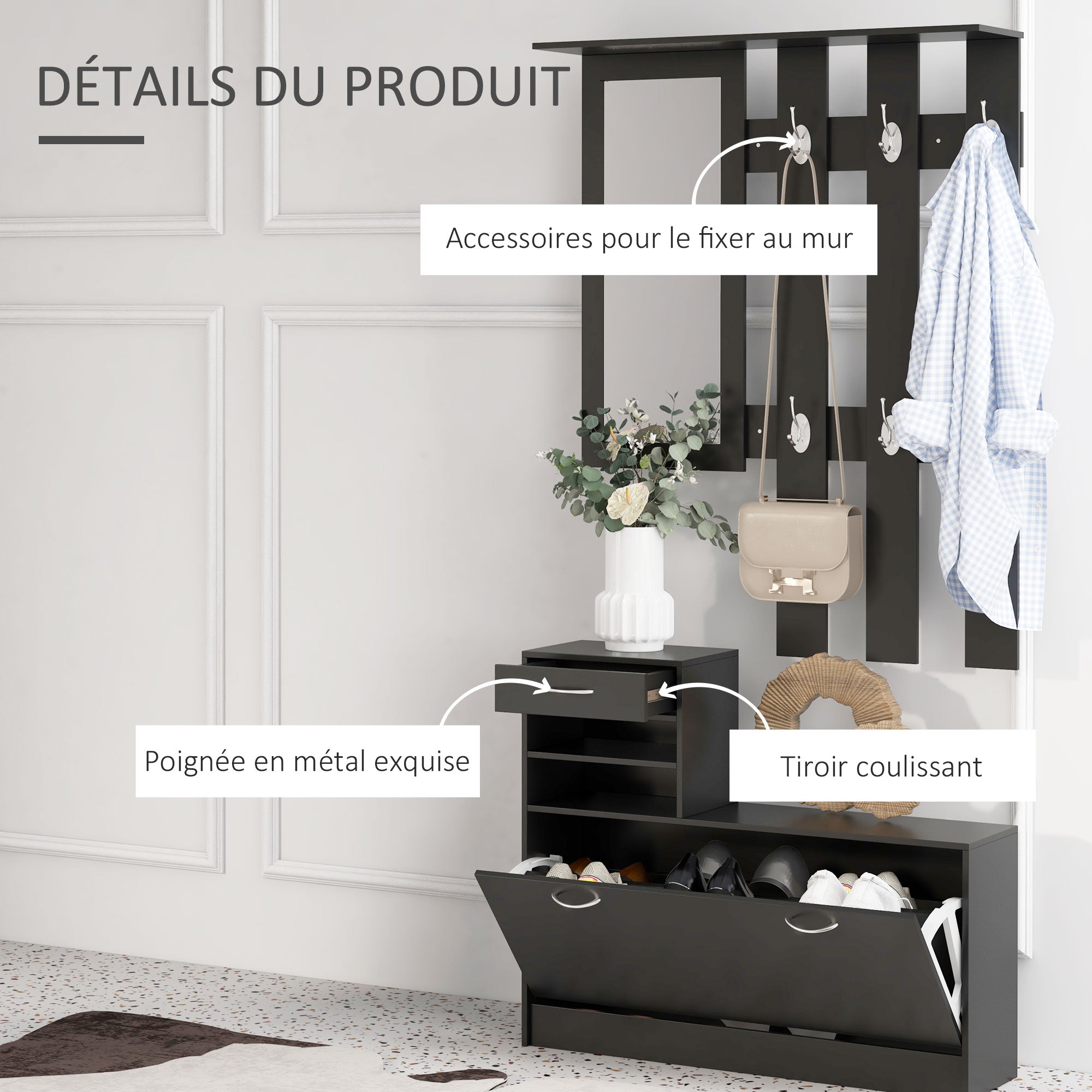 3-in-1 Entryway Furniture Set with Coat Rack Panel, Mirror, and Shoe Bench - 6 Hooks and Adjustable Shelf, Black