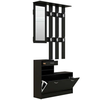 3-in-1 Entryway Furniture Set with Coat Rack Panel, Mirror, and Shoe Bench - 6 Hooks and Adjustable Shelf, Black
