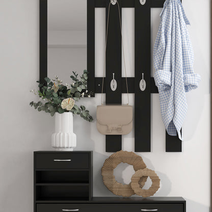 3-in-1 Entryway Furniture Set with Coat Rack Panel, Mirror, and Shoe Bench - 6 Hooks and Adjustable Shelf, Black