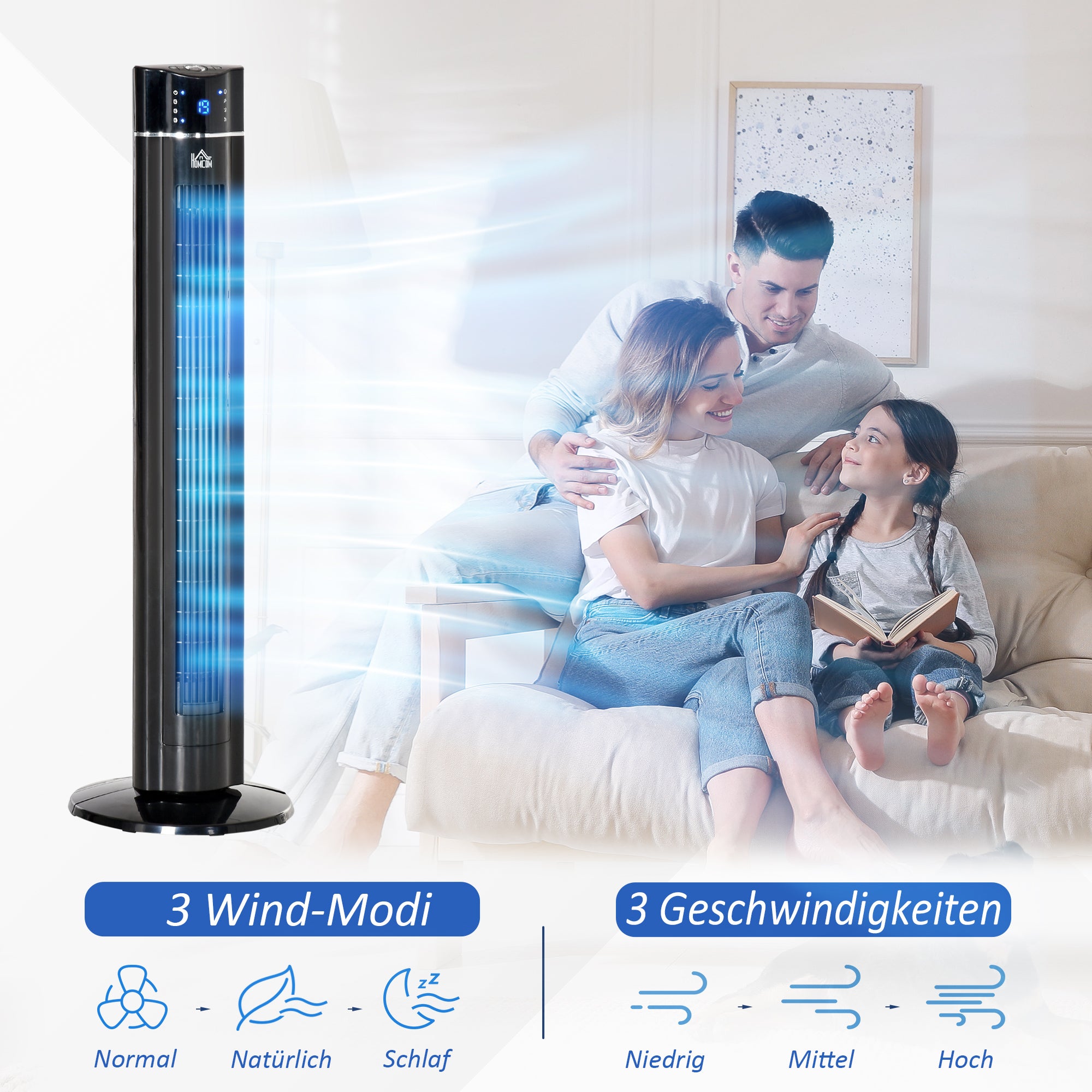 Tower Fan Quiet with Remote Control 106.8 cm 60° Oscillating Fan Floor Fan with 3 Modes, 3 Speeds, 8 Hr Timer, LED Display, Black
