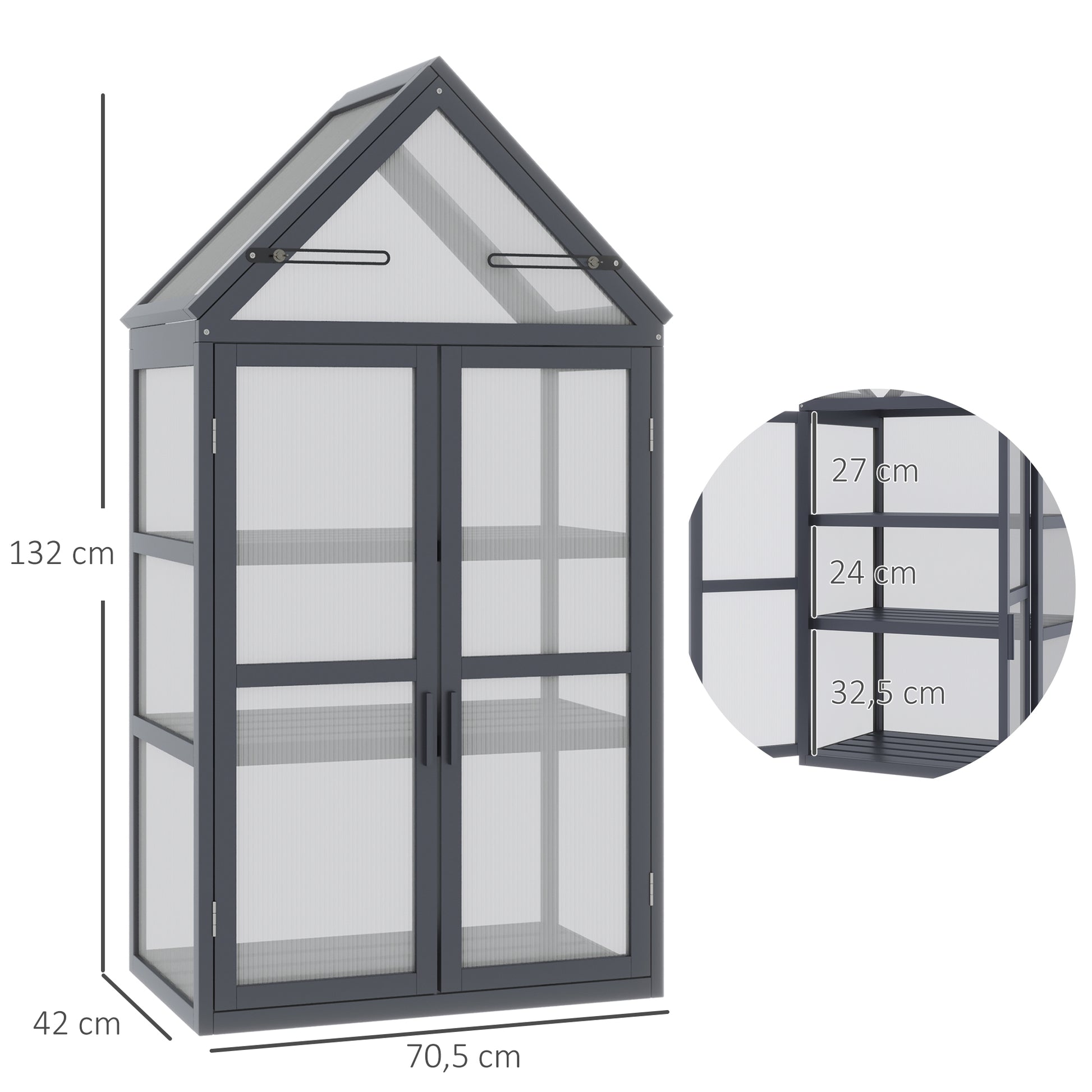 Mini Greenhouse 3 Tiers Plant Bed with Opening Roof Double Doors Made of Wood Polycarbonate Weatherproof Natural 70.5 x 42 x 132 cm