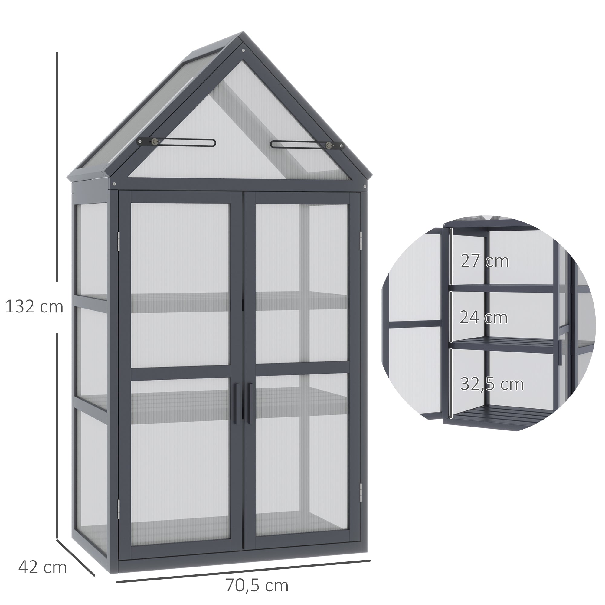 Mini Greenhouse 3 Tiers Plant Bed with Opening Roof Double Doors Made of Wood Polycarbonate Weatherproof Natural 70.5 x 42 x 132 cm