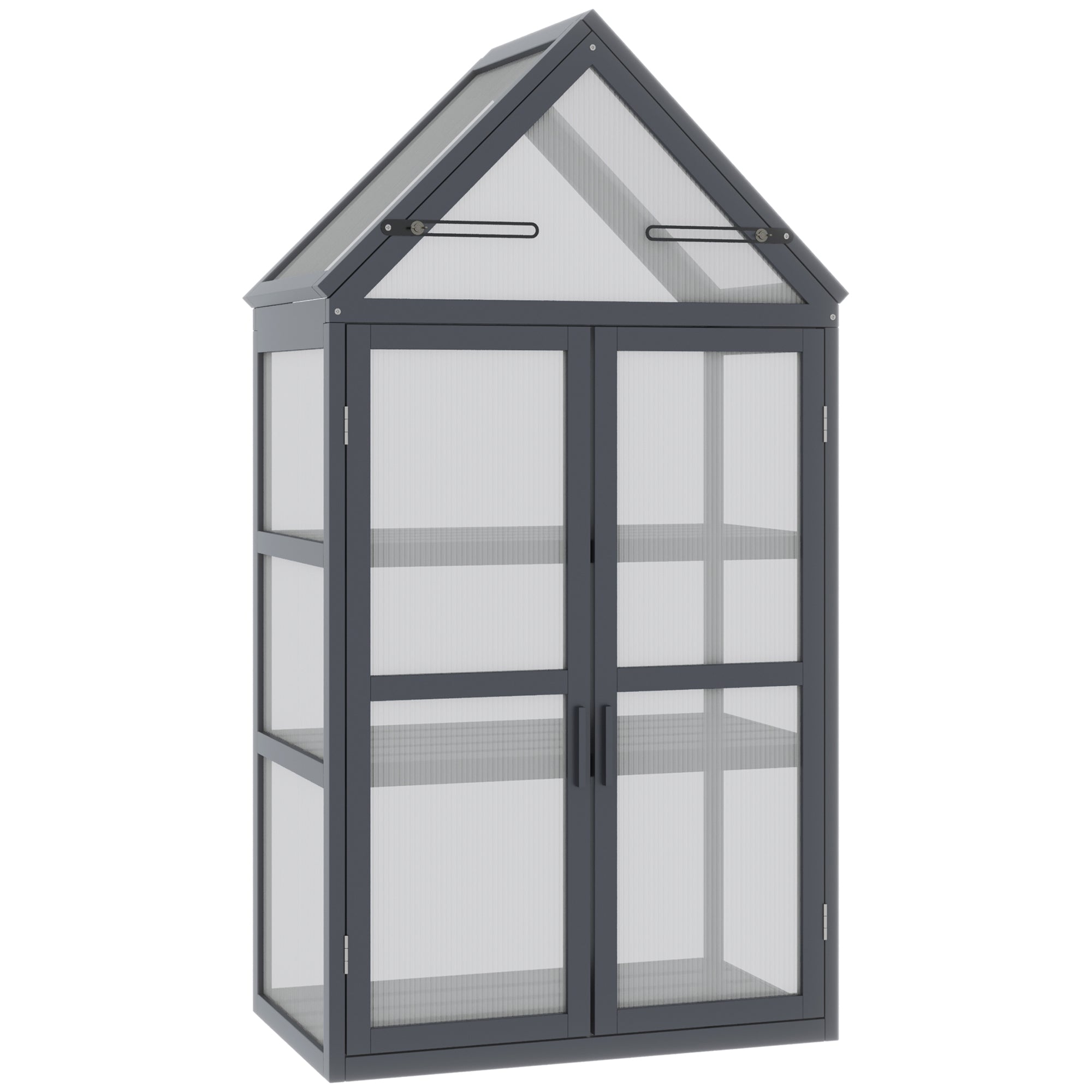 Mini Greenhouse 3 Tiers Plant Bed with Opening Roof Double Doors Made of Wood Polycarbonate Weatherproof Natural 70.5 x 42 x 132 cm