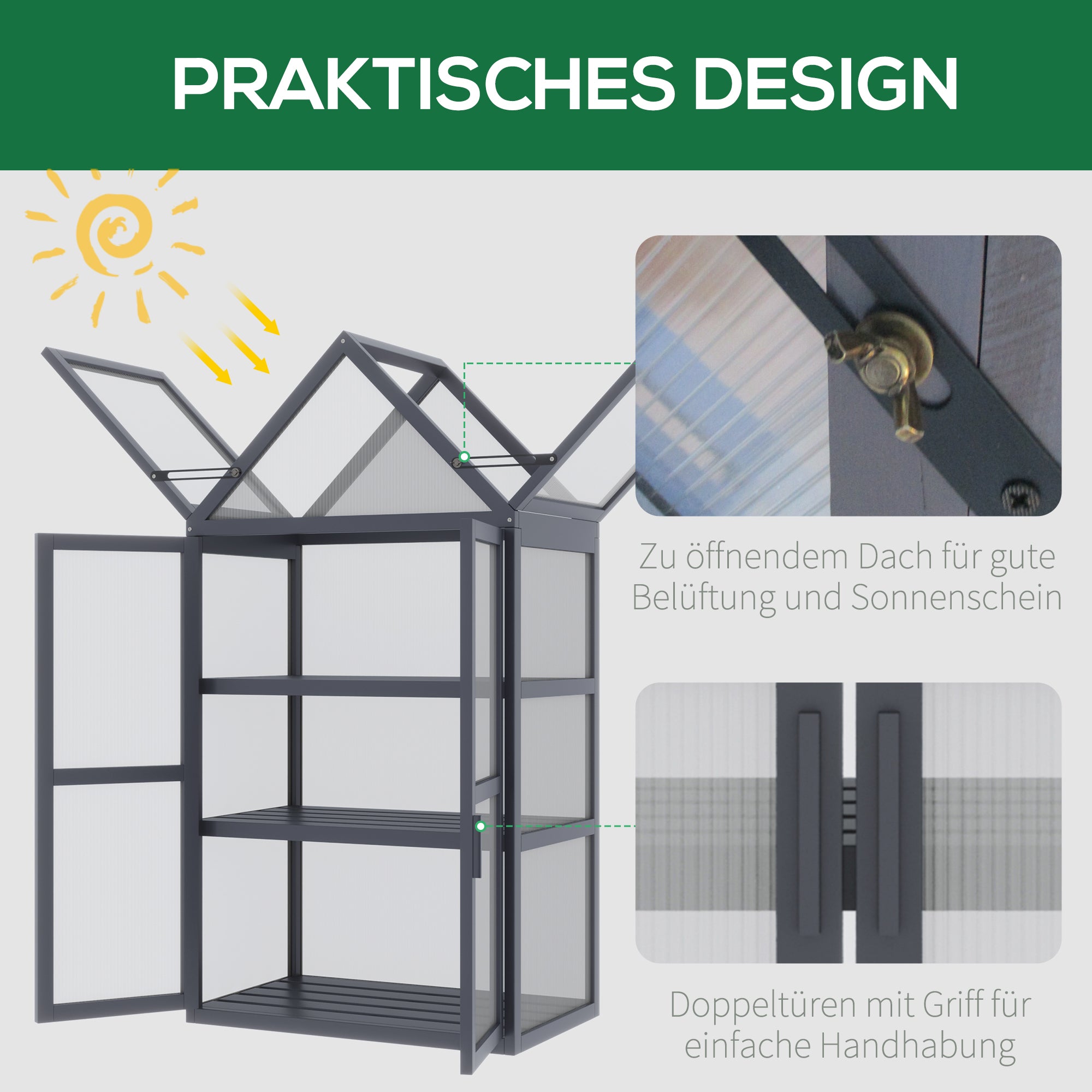 Mini Greenhouse 3 Tiers Plant Bed with Opening Roof Double Doors Made of Wood Polycarbonate Weatherproof Natural 70.5 x 42 x 132 cm
