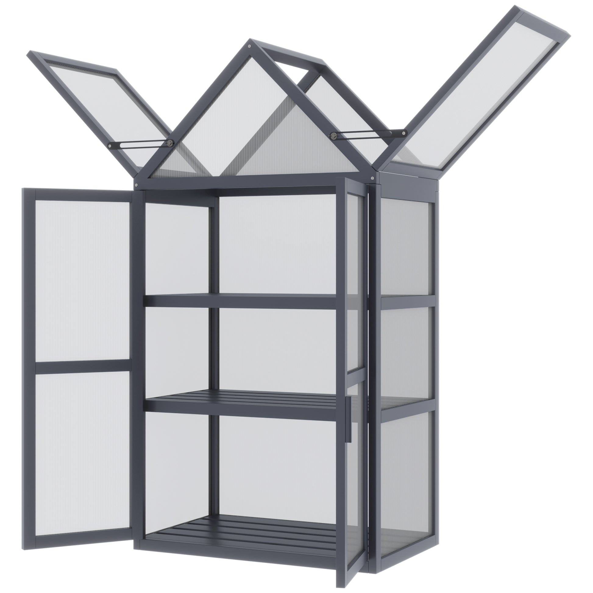 Mini Greenhouse 3 Tiers Plant Bed with Opening Roof Double Doors Made of Wood Polycarbonate Weatherproof Natural 70.5 x 42 x 132 cm