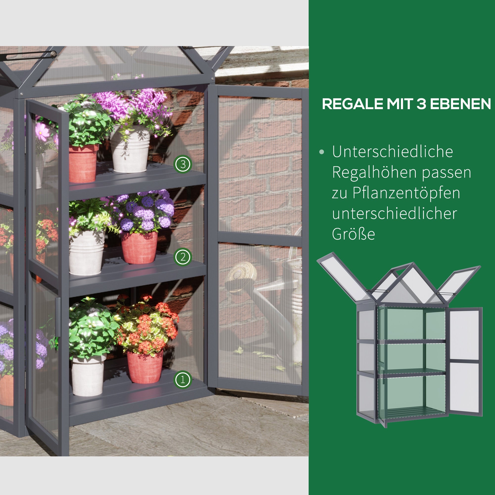 Mini Greenhouse 3 Tiers Plant Bed with Opening Roof Double Doors Made of Wood Polycarbonate Weatherproof Natural 70.5 x 42 x 132 cm