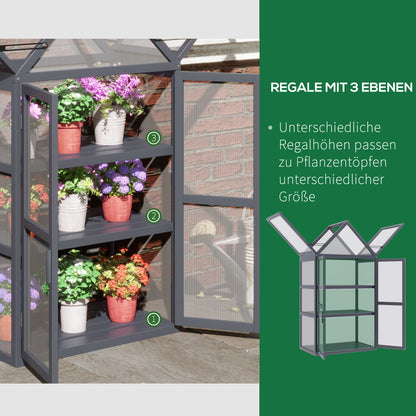 Mini Greenhouse 3 Tiers Plant Bed with Opening Roof Double Doors Made of Wood Polycarbonate Weatherproof Natural 70.5 x 42 x 132 cm