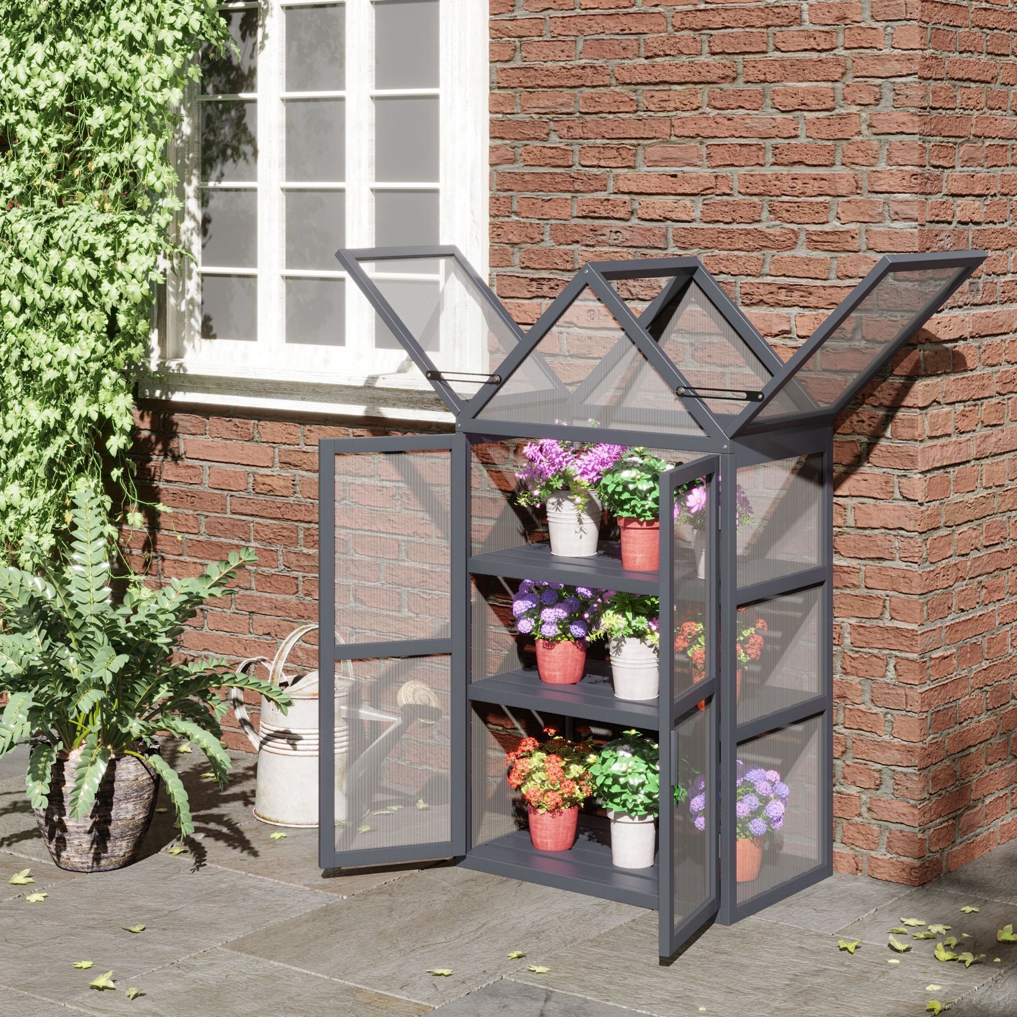 Mini Greenhouse 3 Tiers Plant Bed with Opening Roof Double Doors Made of Wood Polycarbonate Weatherproof Natural 70.5 x 42 x 132 cm