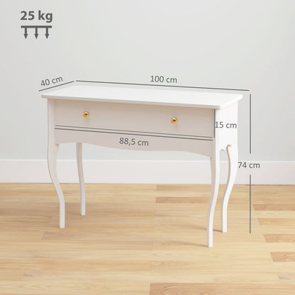 Vanity Table, Makeup Dressing Table with Large Drawer and Cabriole Legs, Vanity Desk for Bedroom, 100 x 40 x 74 cm, White