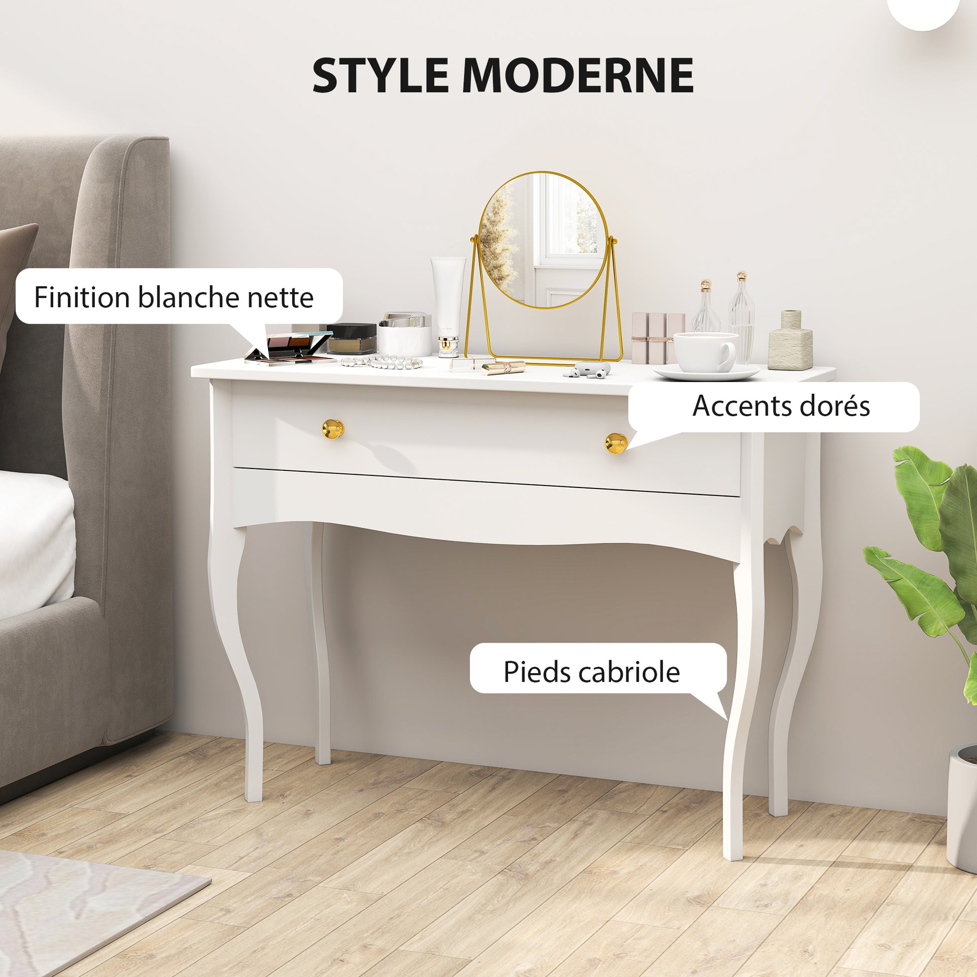Vanity Table, Makeup Dressing Table with Large Drawer and Cabriole Legs, Vanity Desk for Bedroom, 100 x 40 x 74 cm, White