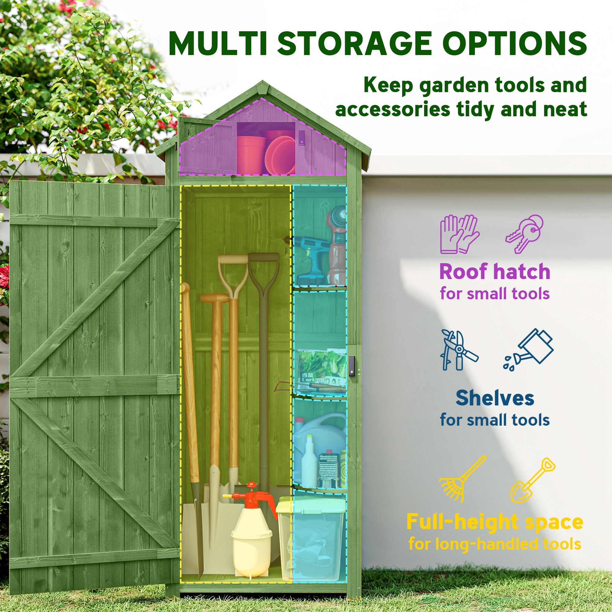 Wooden Garden Storage Shed with 3 Removable Shelves, Lockable Door, Asphalt Gable Roof & Window – 77 x 54.2 x 179 cm (Green)