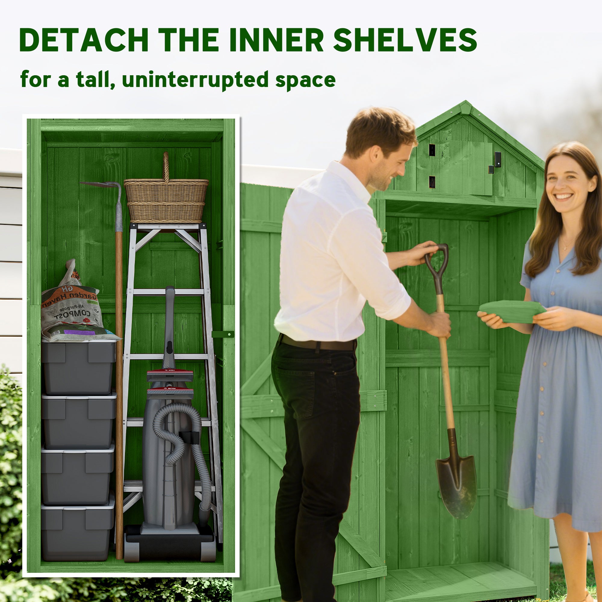 Wooden Garden Storage Shed with 3 Removable Shelves, Lockable Door, Asphalt Gable Roof & Window – 77 x 54.2 x 179 cm (Green)