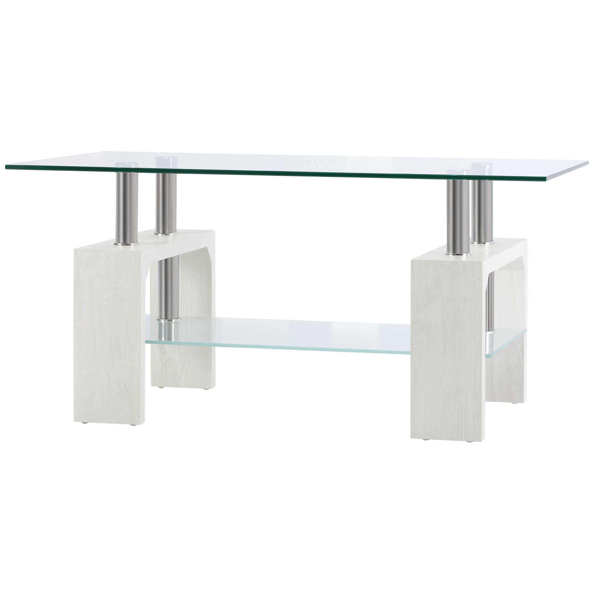 2-Tier Coffee Table, Modern Living Room Table with Glass Top and Wood and Steel Structure, 90x50x42cm, White