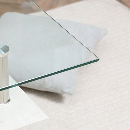 2-Tier Coffee Table, Modern Living Room Table with Glass Top and Wood and Steel Structure, 90x50x42cm, White