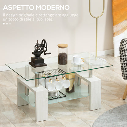 2-Tier Coffee Table, Modern Living Room Table with Glass Top and Wood and Steel Structure, 90x50x42cm, White