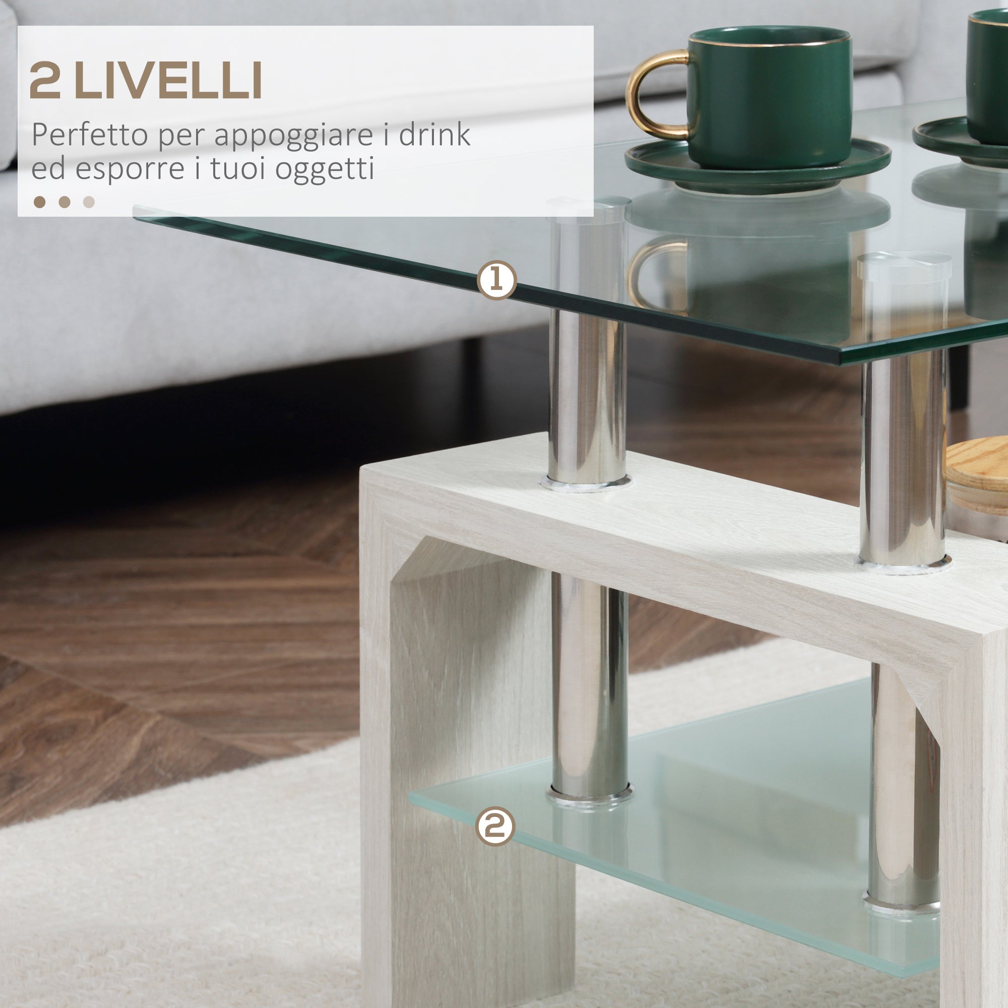 2-Tier Coffee Table, Modern Living Room Table with Glass Top and Wood and Steel Structure, 90x50x42cm, White
