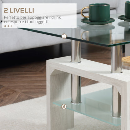 2-Tier Coffee Table, Modern Living Room Table with Glass Top and Wood and Steel Structure, 90x50x42cm, White