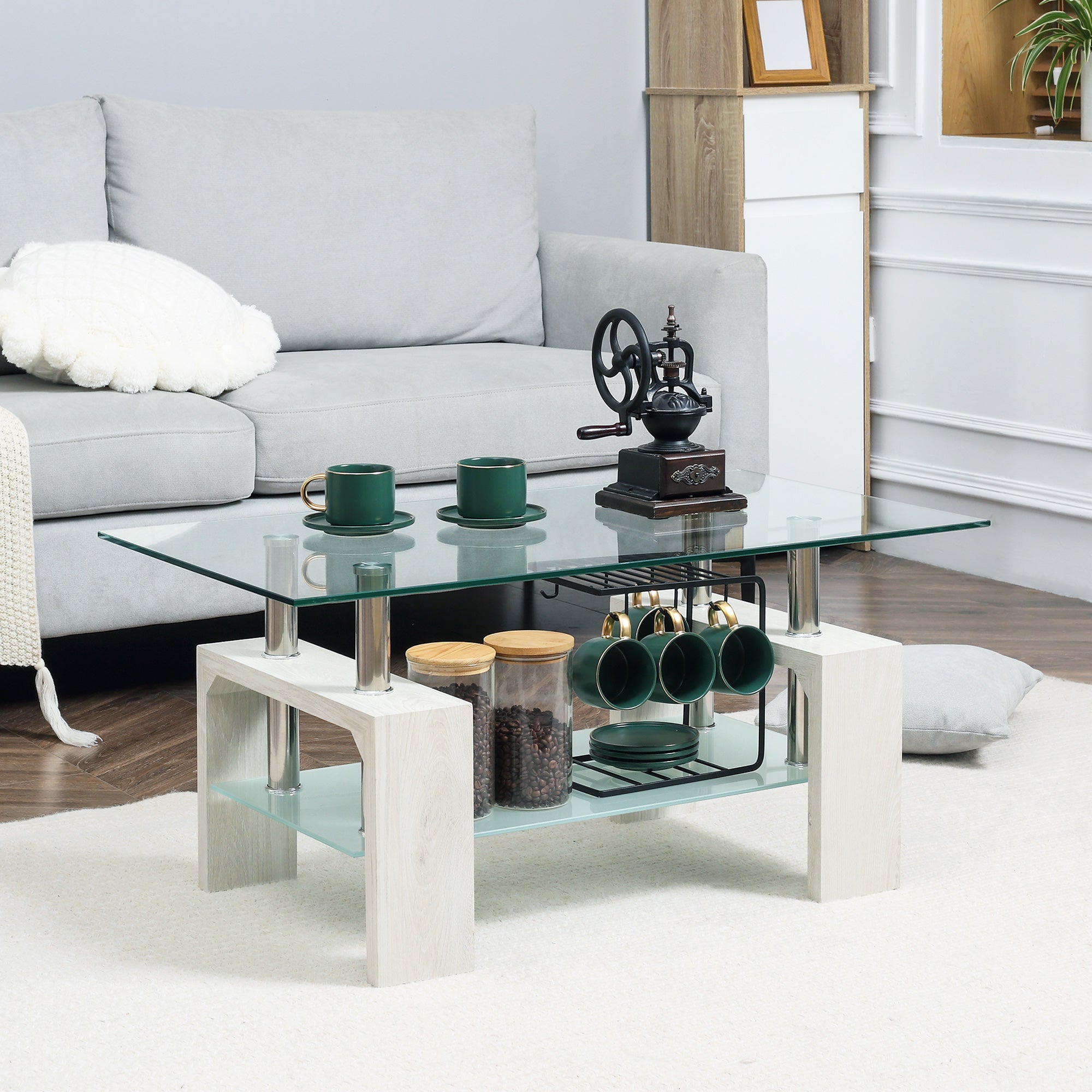 2-Tier Coffee Table, Modern Living Room Table with Glass Top and Wood and Steel Structure, 90x50x42cm, White