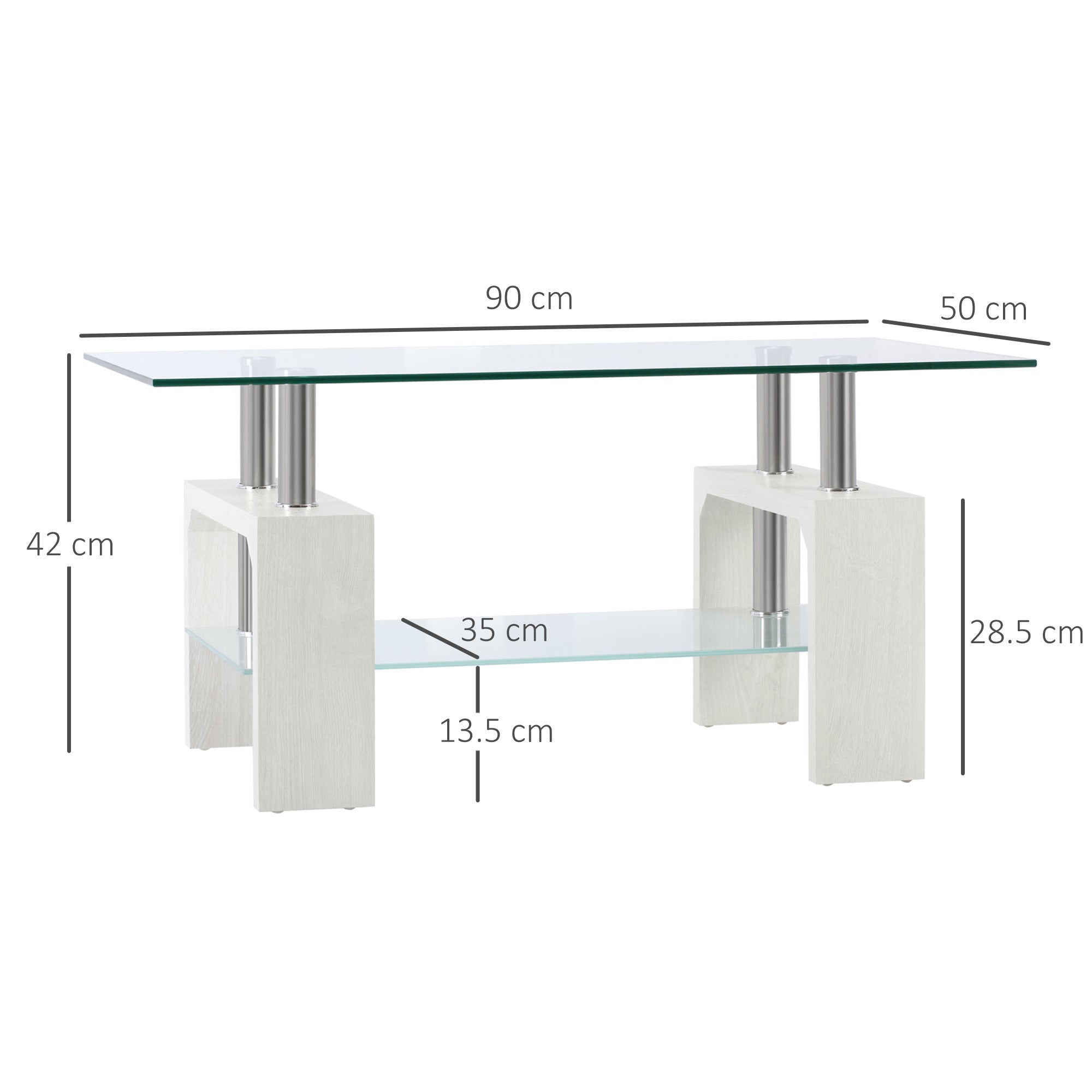 2-Tier Coffee Table, Modern Living Room Table with Glass Top and Wood and Steel Structure, 90x50x42cm, White