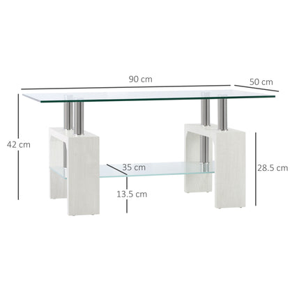 2-Tier Coffee Table, Modern Living Room Table with Glass Top and Wood and Steel Structure, 90x50x42cm, White