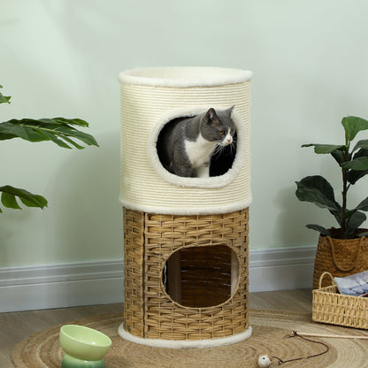 Scratching Barrel 80 cm High Ø 40 cm Three-Story Cat Barrel with Plush Edge, Cat Cave, Scratching Post for Medium-Sized Cats, Cream White+Brown