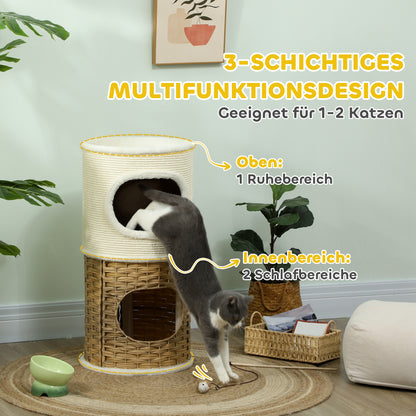 Scratching Barrel 80 cm High Ø 40 cm Three-Story Cat Barrel with Plush Edge, Cat Cave, Scratching Post for Medium-Sized Cats, Cream White+Brown