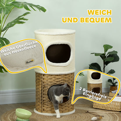 Scratching Barrel 80 cm High Ø 40 cm Three-Story Cat Barrel with Plush Edge, Cat Cave, Scratching Post for Medium-Sized Cats, Cream White+Brown