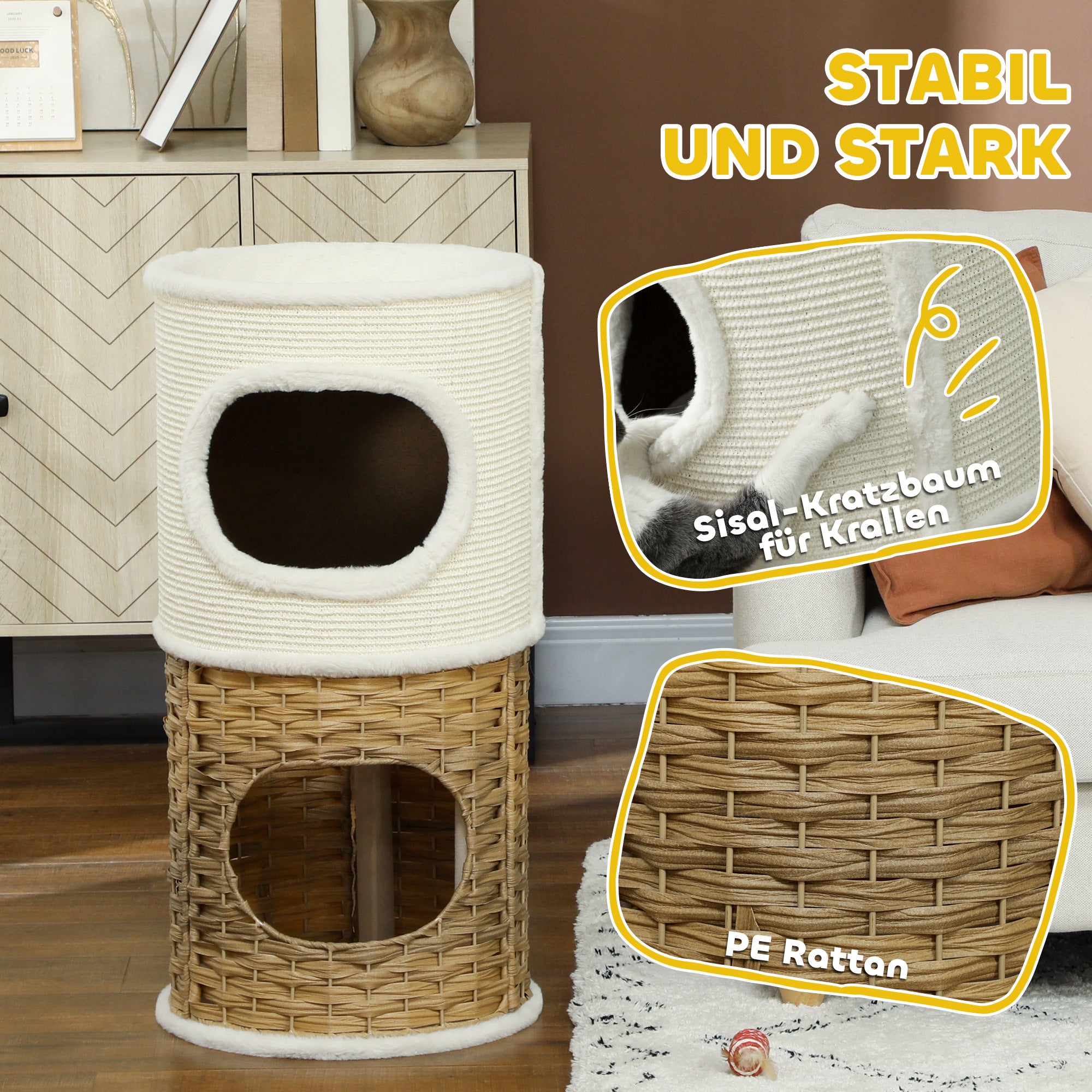 Scratching Barrel 80 cm High Ø 40 cm Three-Story Cat Barrel with Plush Edge, Cat Cave, Scratching Post for Medium-Sized Cats, Cream White+Brown