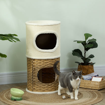 Scratching Barrel 80 cm High Ø 40 cm Three-Story Cat Barrel with Plush Edge, Cat Cave, Scratching Post for Medium-Sized Cats, Cream White+Brown