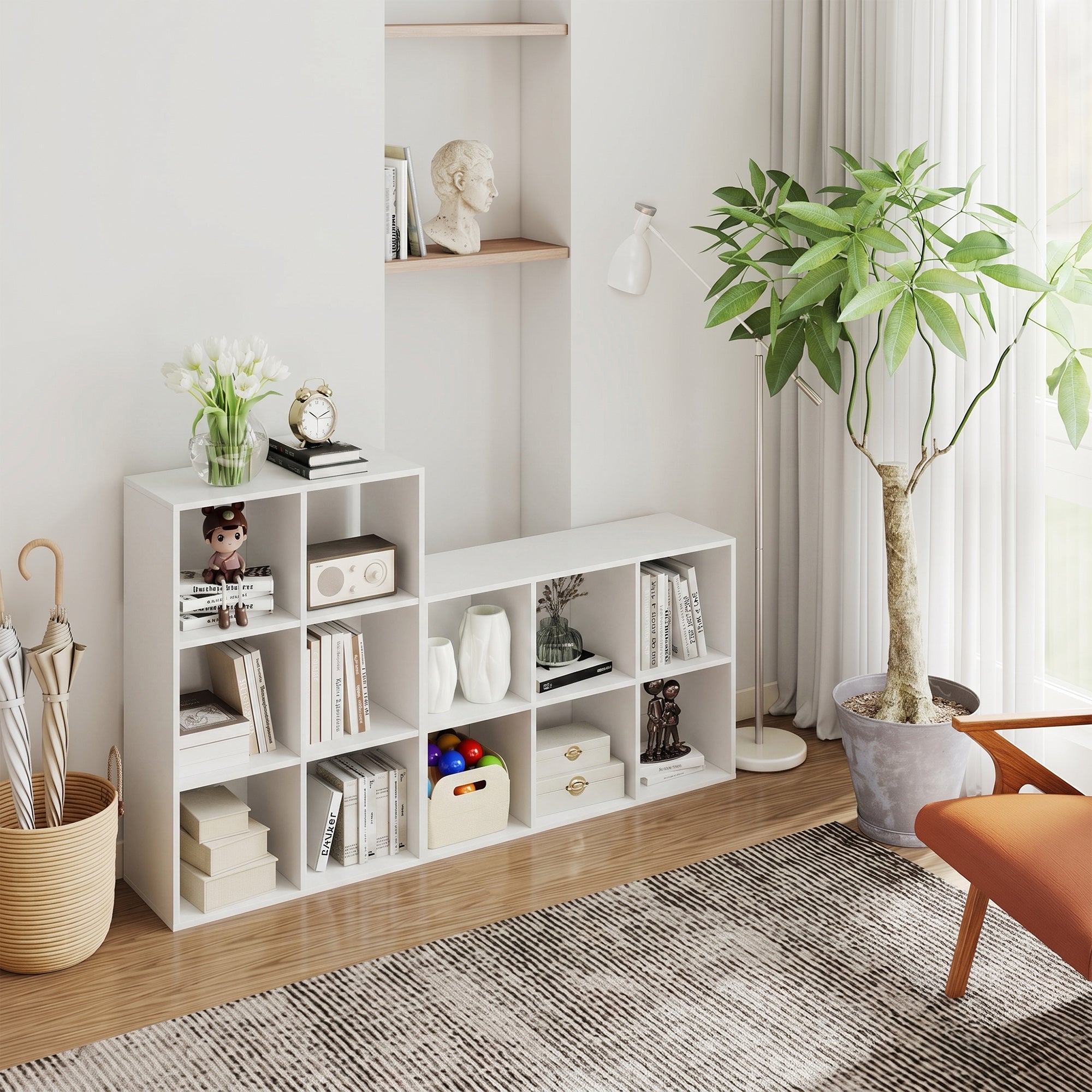 Narrow 3-Tier 6-Cube Bookshelf — Space-Saving Storage with Anti-Tip Strap, White