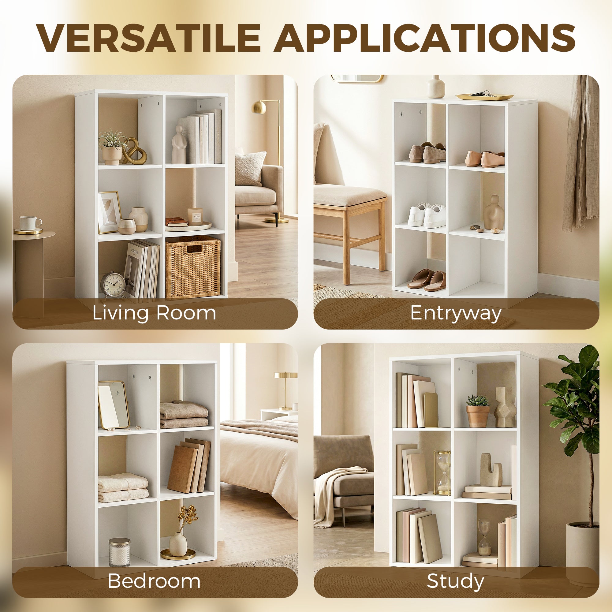 Narrow 3-Tier 6-Cube Bookshelf — Space-Saving Storage with Anti-Tip Strap, White