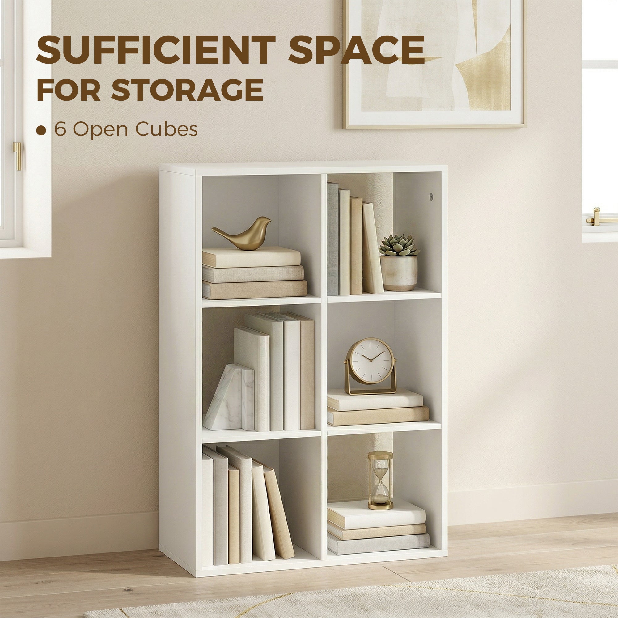 Narrow 3-Tier 6-Cube Bookshelf — Space-Saving Storage with Anti-Tip Strap, White