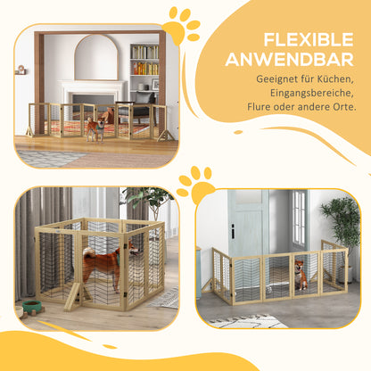 Wooden Dog Gate, Door Guard, Foldable Dog Gate with 8 Panels, Dog Fence, Stair Gate, Fireplace Guard for Oven, Natural, 375 x 44 x 70 cm