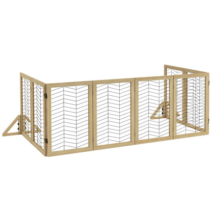 Wooden Dog Gate, Door Guard, Foldable Dog Gate with 8 Panels, Dog Fence, Stair Gate, Fireplace Guard for Oven, Natural, 375 x 44 x 70 cm