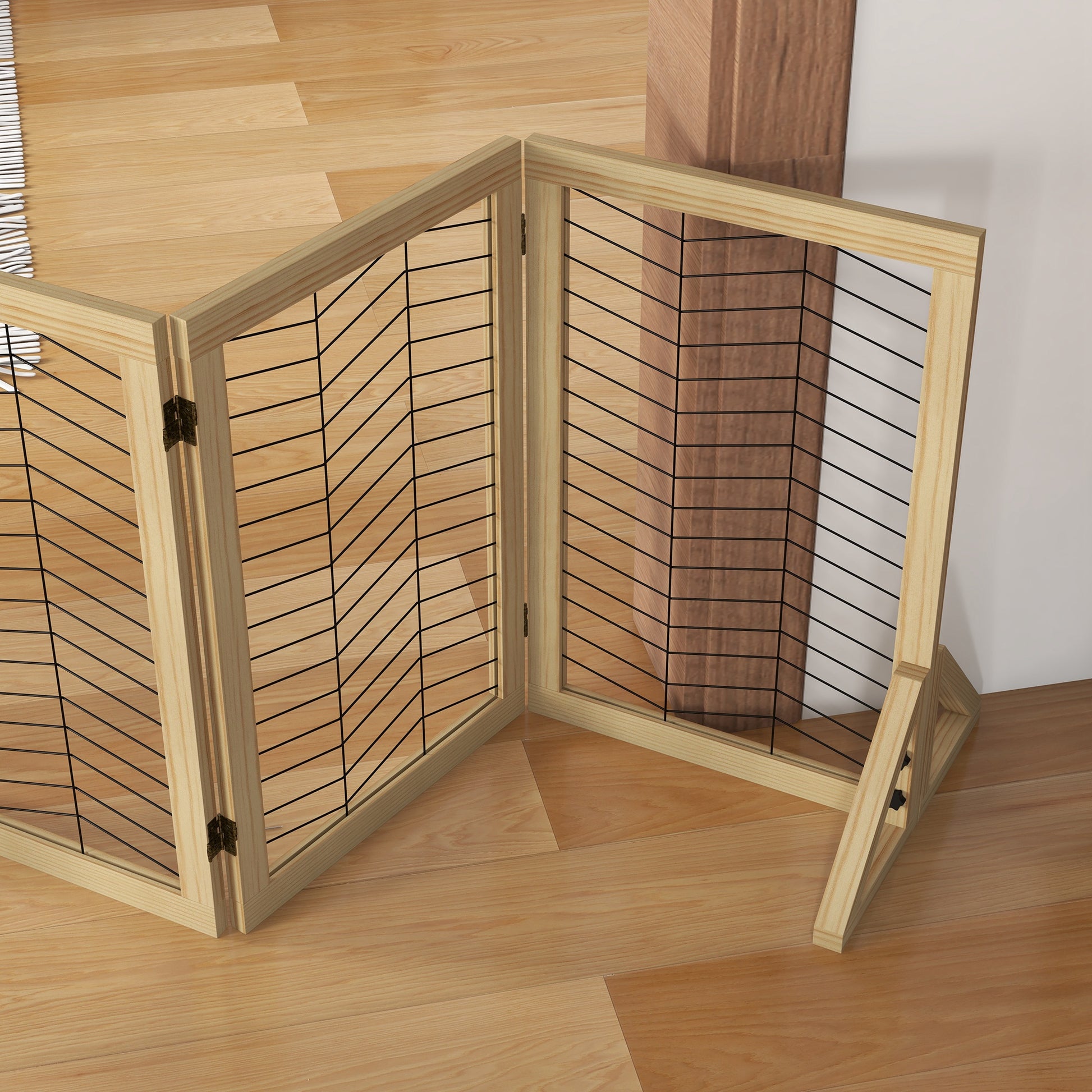 Wooden Dog Gate, Door Guard, Foldable Dog Gate with 8 Panels, Dog Fence, Stair Gate, Fireplace Guard for Oven, Natural, 375 x 44 x 70 cm