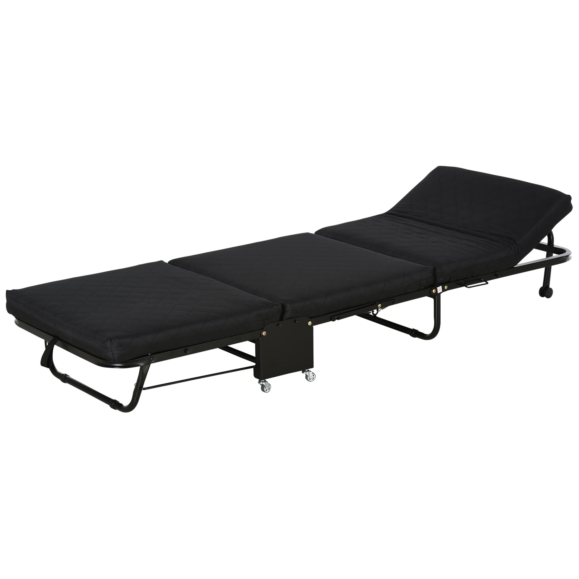 Folding Bed 184x65 cm with Mattress Foldable Bed with Adjustable Headboard in 5 Levels Universal Wheels and Metal Frame Max Load 120 kg Black
