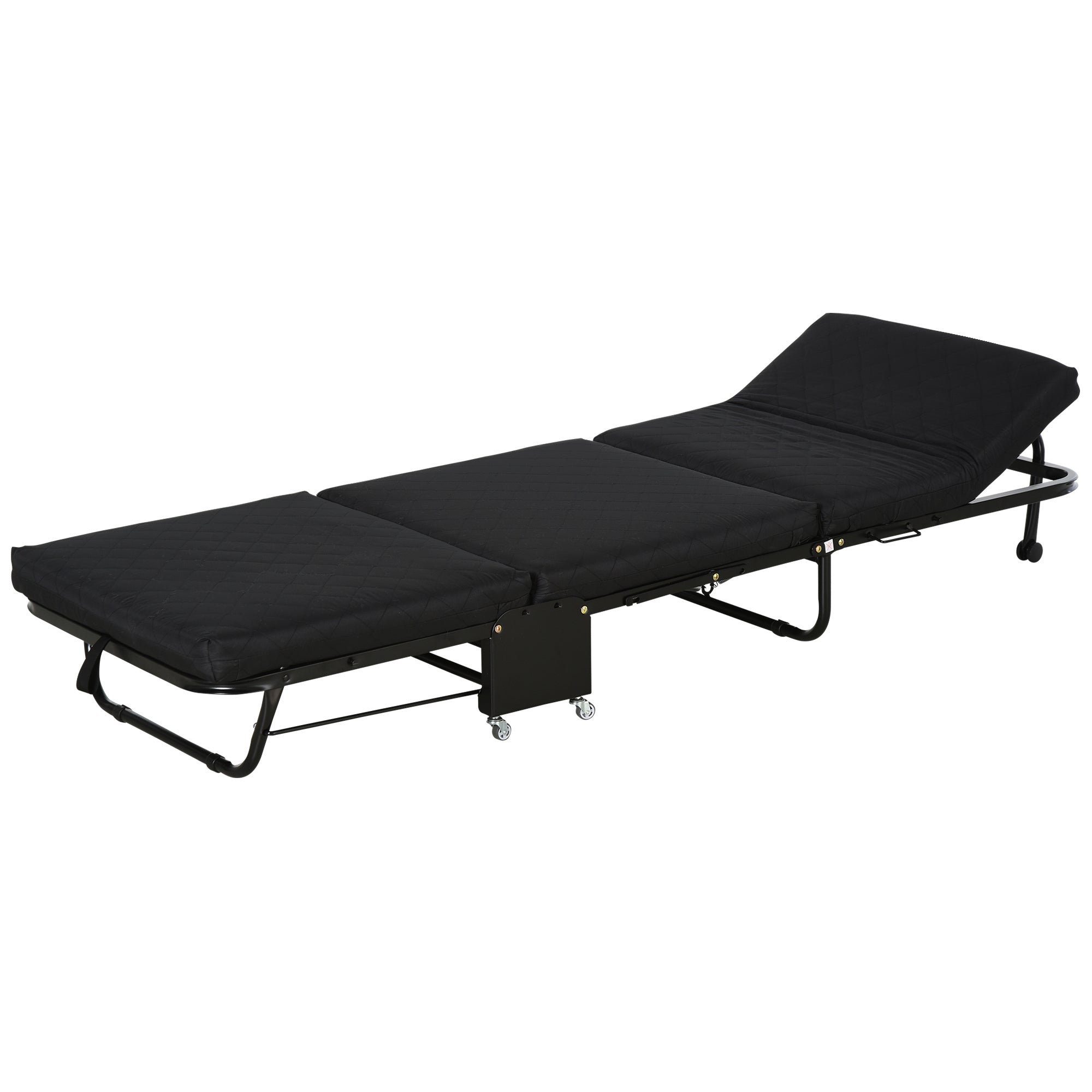Folding Bed 184x65 cm with Mattress Foldable Bed with Adjustable Headboard in 5 Levels Universal Wheels and Metal Frame Max Load 120 kg Black
